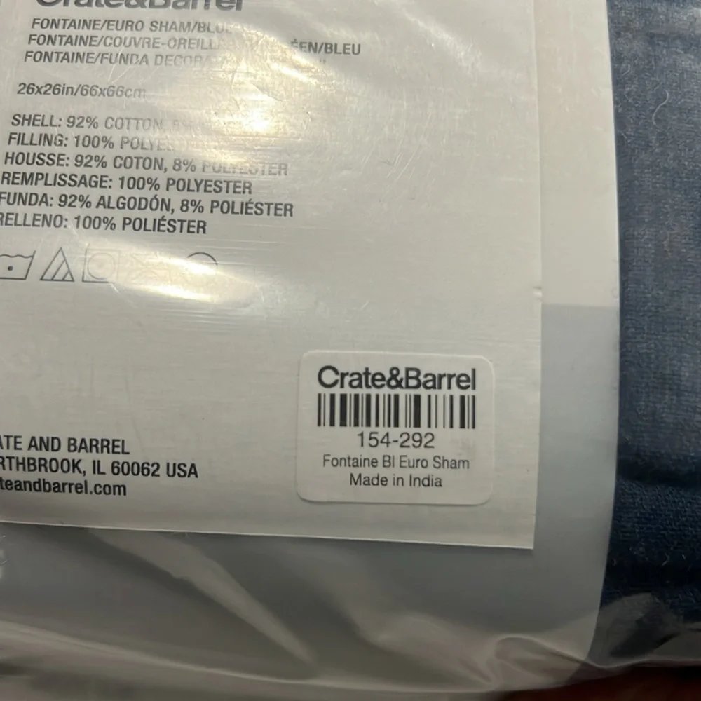 Crate & Barrel New in Package Fontaine Blue Euro Sham